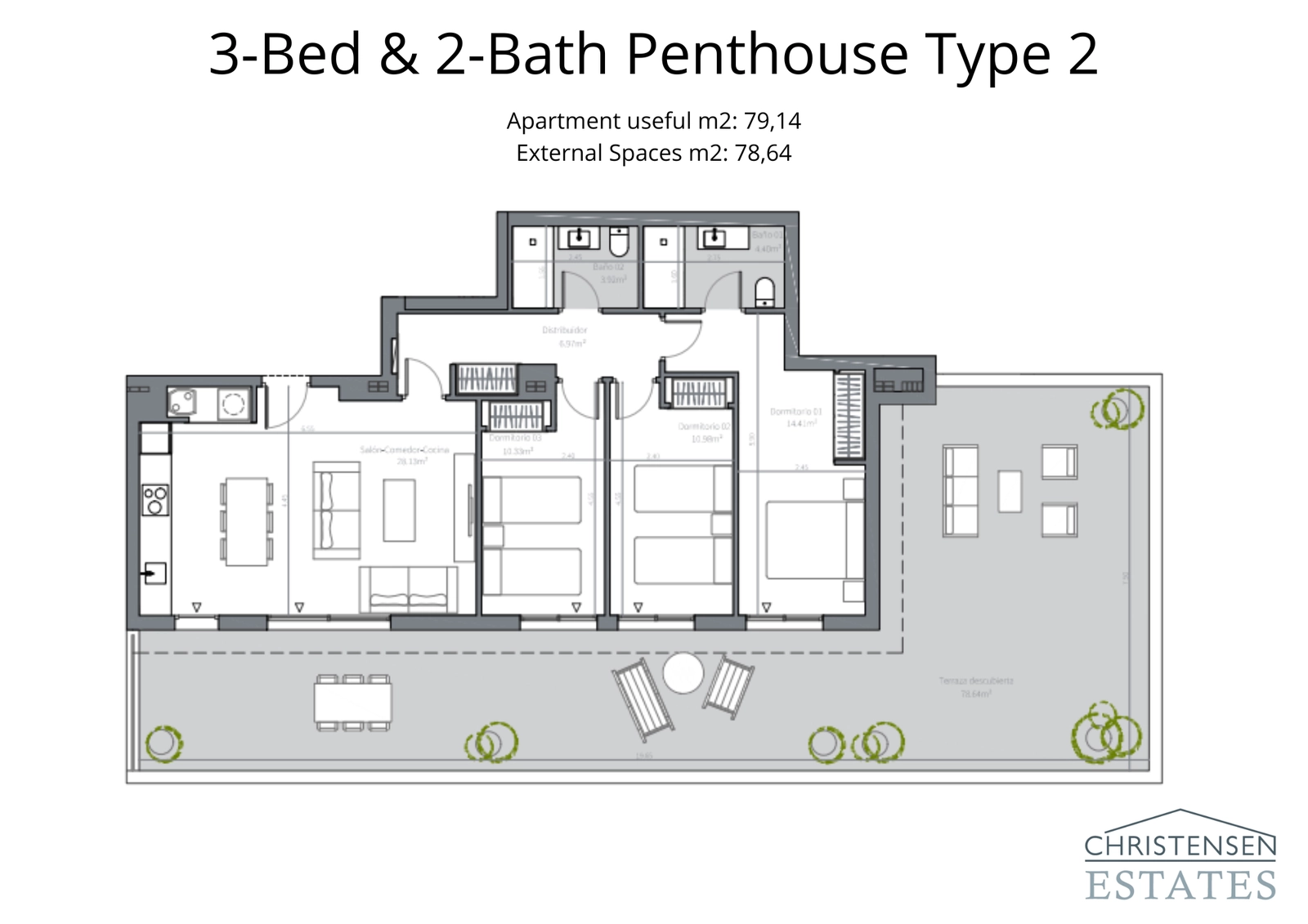 Spacious three-bedroom penthouse floor plan featuring an expansive terrace perfect for dining and relaxing in the sun.