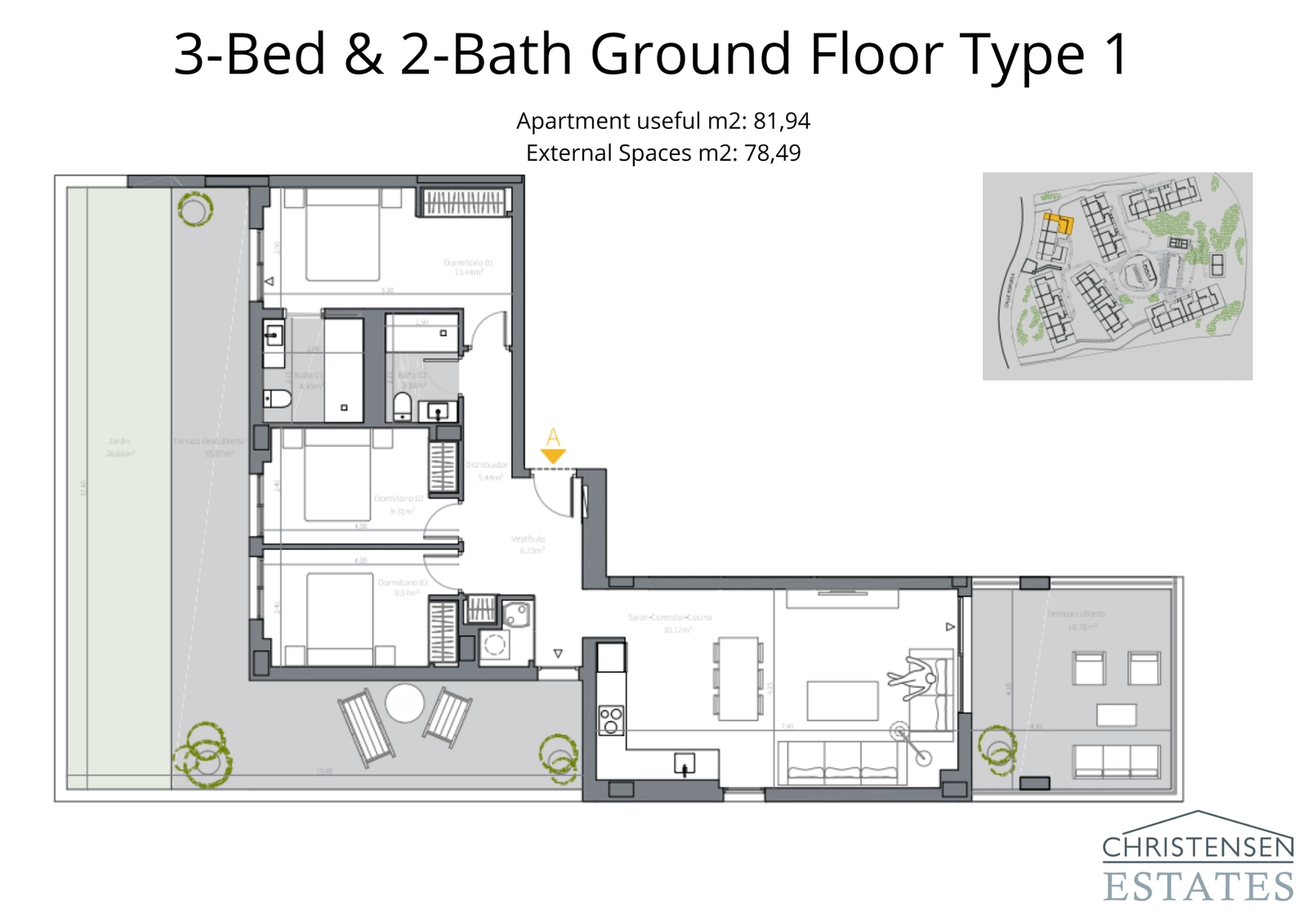 This spacious three-bedroom ground floor layout includes a private garden and large covered terrace, ideal for family life.