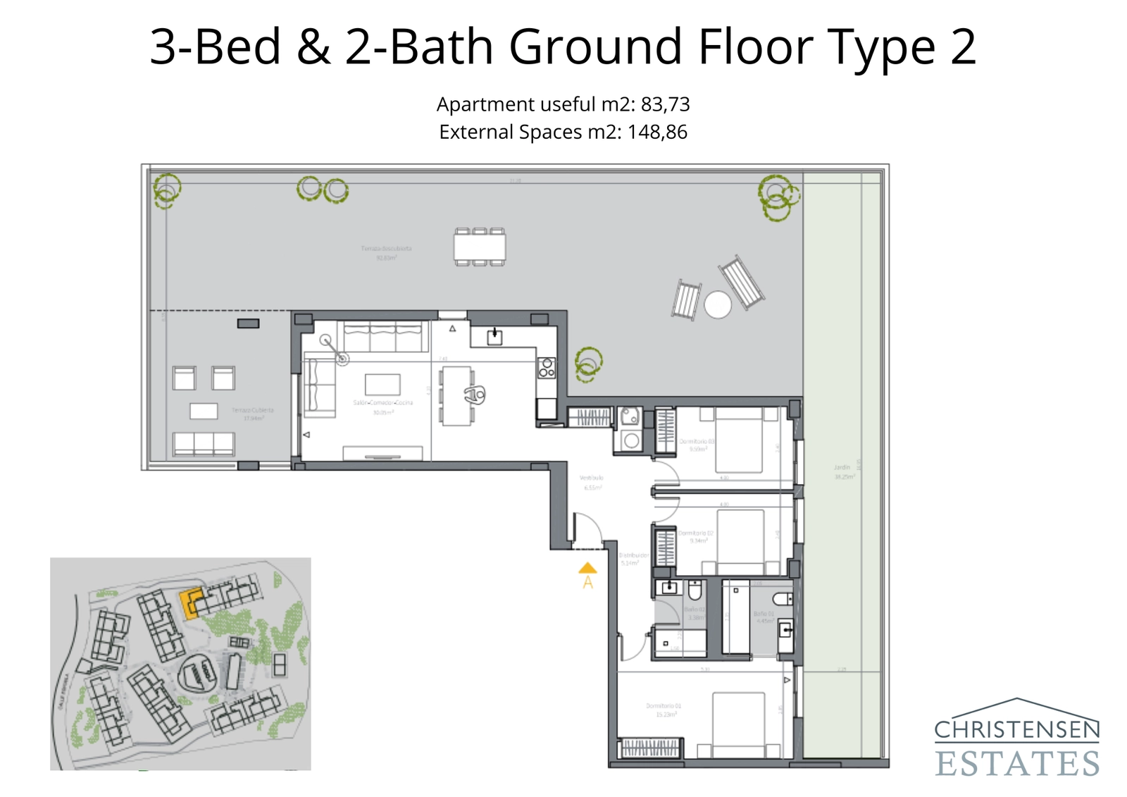 An expansive three-bedroom ground floor apartment with an impressive wrap-around terrace and garden space.