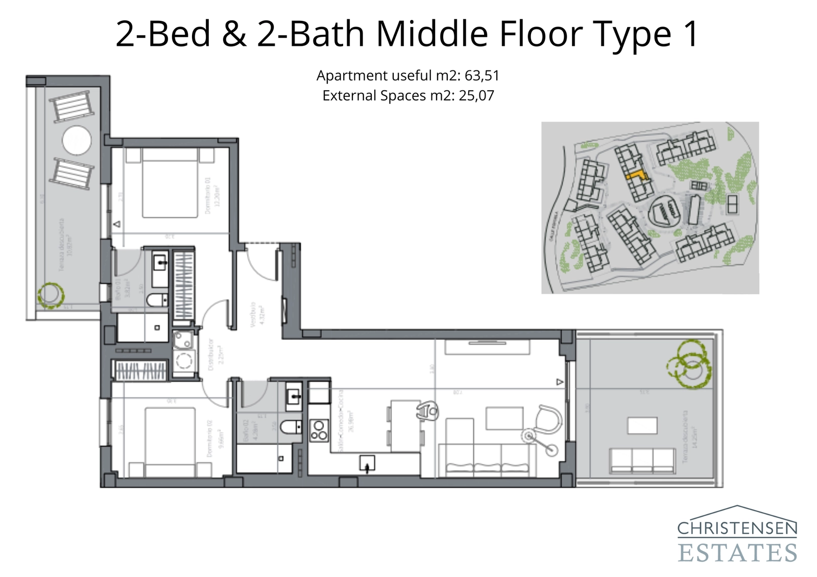 An efficient two-bedroom layout for a middle floor apartment, complete with a private terrace to enjoy the views.