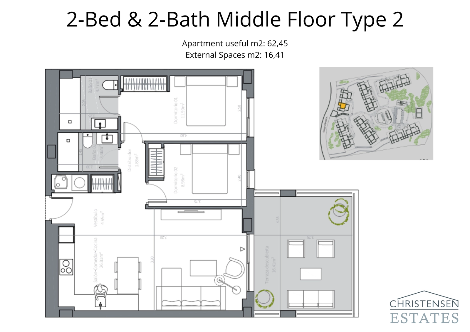 This two-bedroom middle floor plan offers a comfortable living area that opens onto a pleasant outdoor terrace.