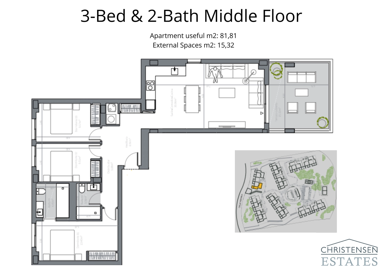 A three-bedroom middle floor residence with a practical layout, separating the sleeping areas from the main living space for privacy.