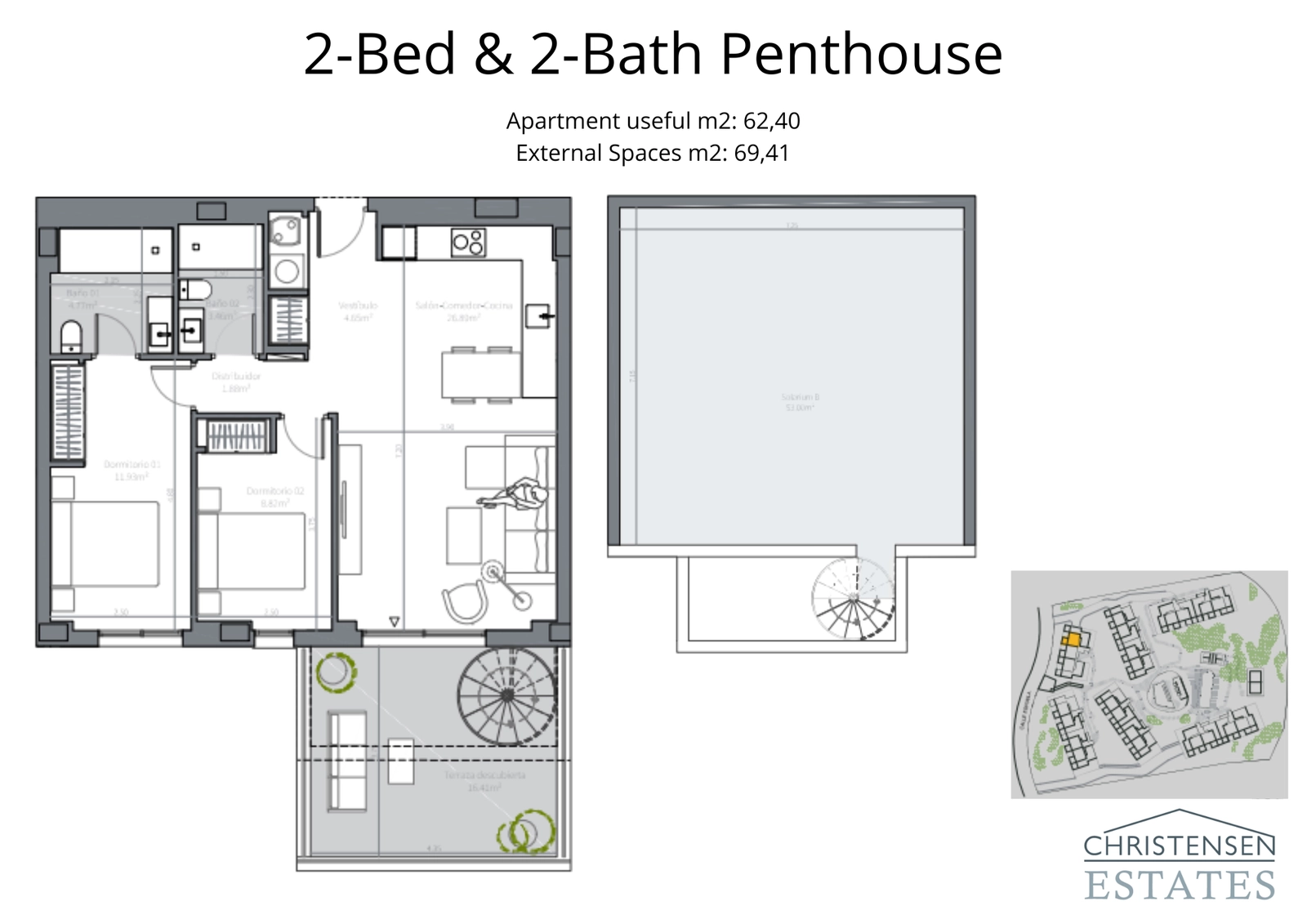 Exclusive two-bedroom penthouse design featuring a large terrace and a private spiral staircase leading to a magnificent rooftop solarium.