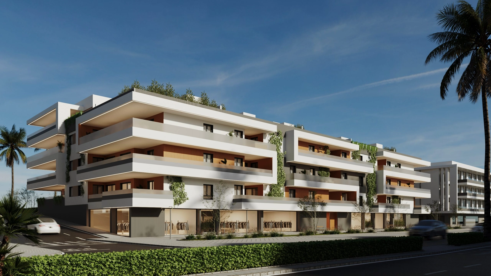 The development's modern architecture stands out in the center of San Pedro.
