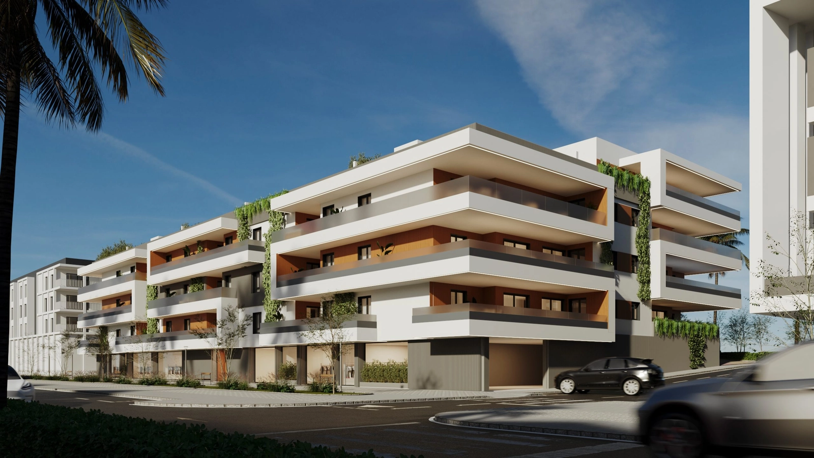 Clean lines and natural materials define the building's contemporary facade.