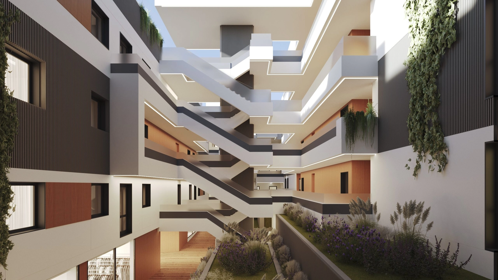 The bright central atrium combines striking design with green spaces.