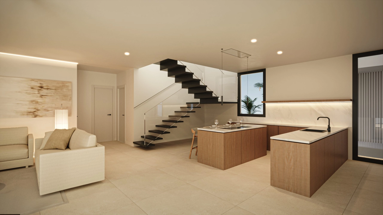 The duplex homes feature stylish kitchens and elegant staircases connecting the levels.