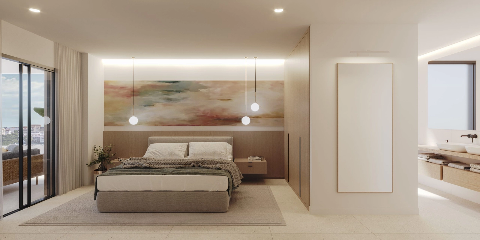 The master bedroom is a peaceful retreat with direct terrace access and a serene design.
