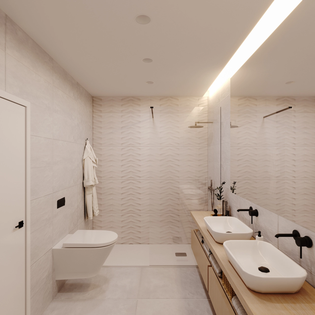 Modern bathrooms feature high-quality fixtures and sophisticated tiling.