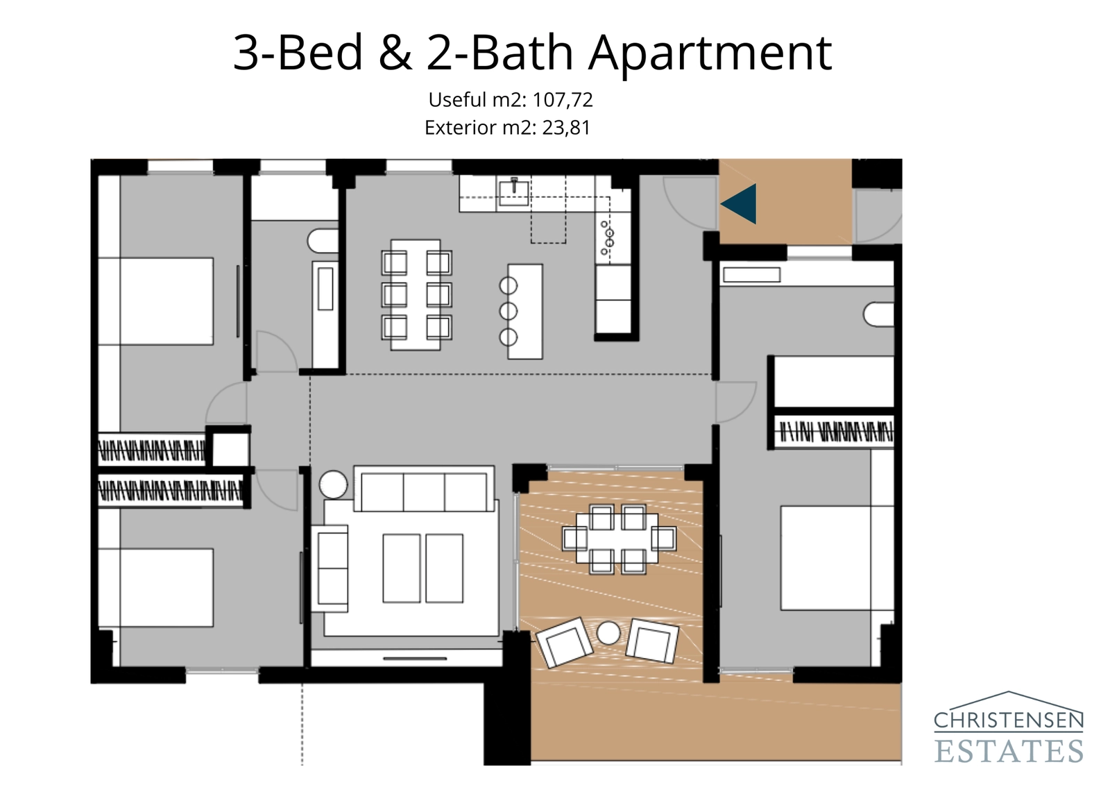 A spacious three-bedroom apartment layout, designed for comfort and functionality with a generous terrace.