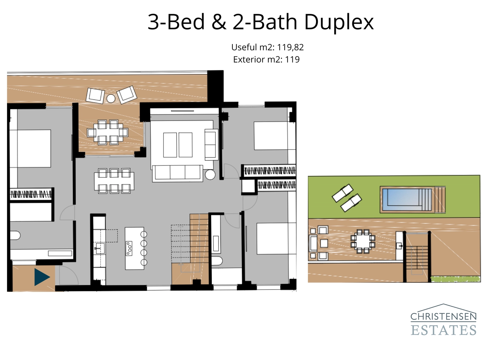 This duplex floor plan shows a three-bedroom home with an expansive rooftop solarium, perfect for private relaxation and entertainment.