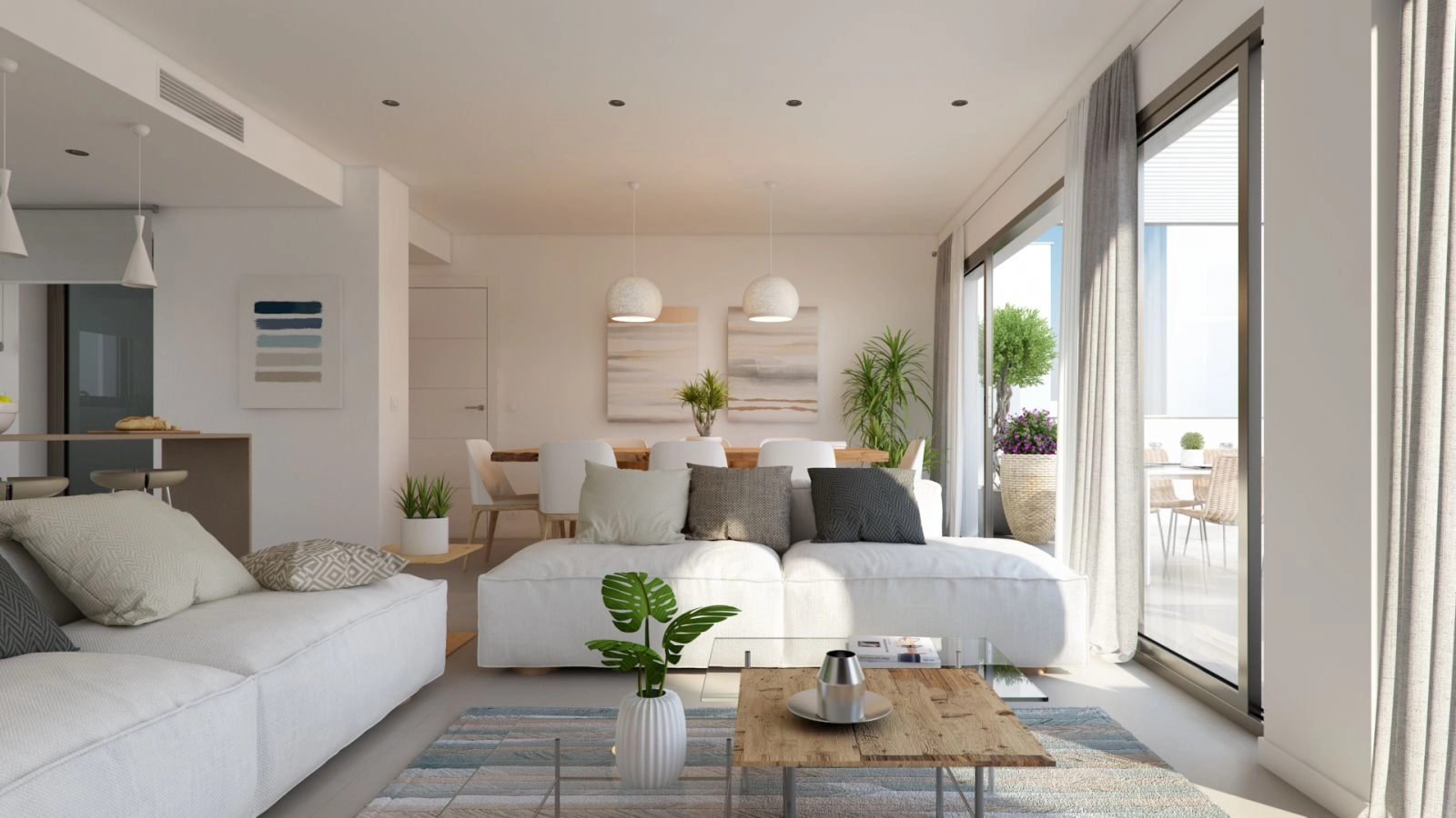 Light-filled living spaces designed for comfort, with large windows to maximize the natural Mediterranean light.
