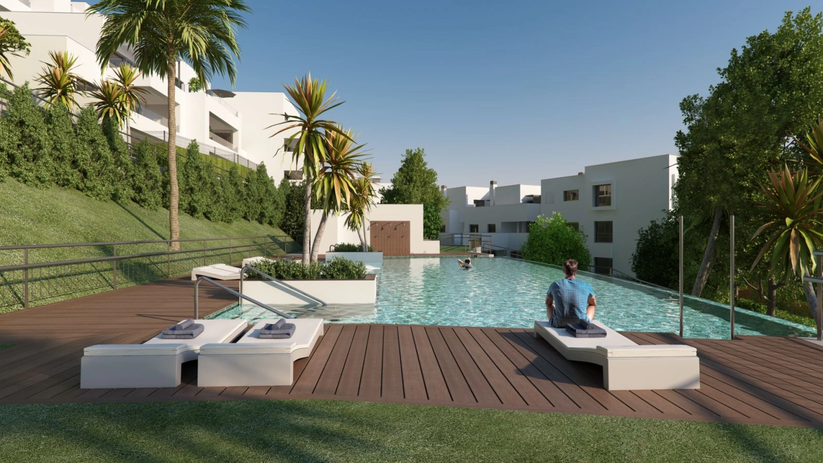 The resort-style communal areas provide a perfect escape to unwind under the warm Mediterranean sun.