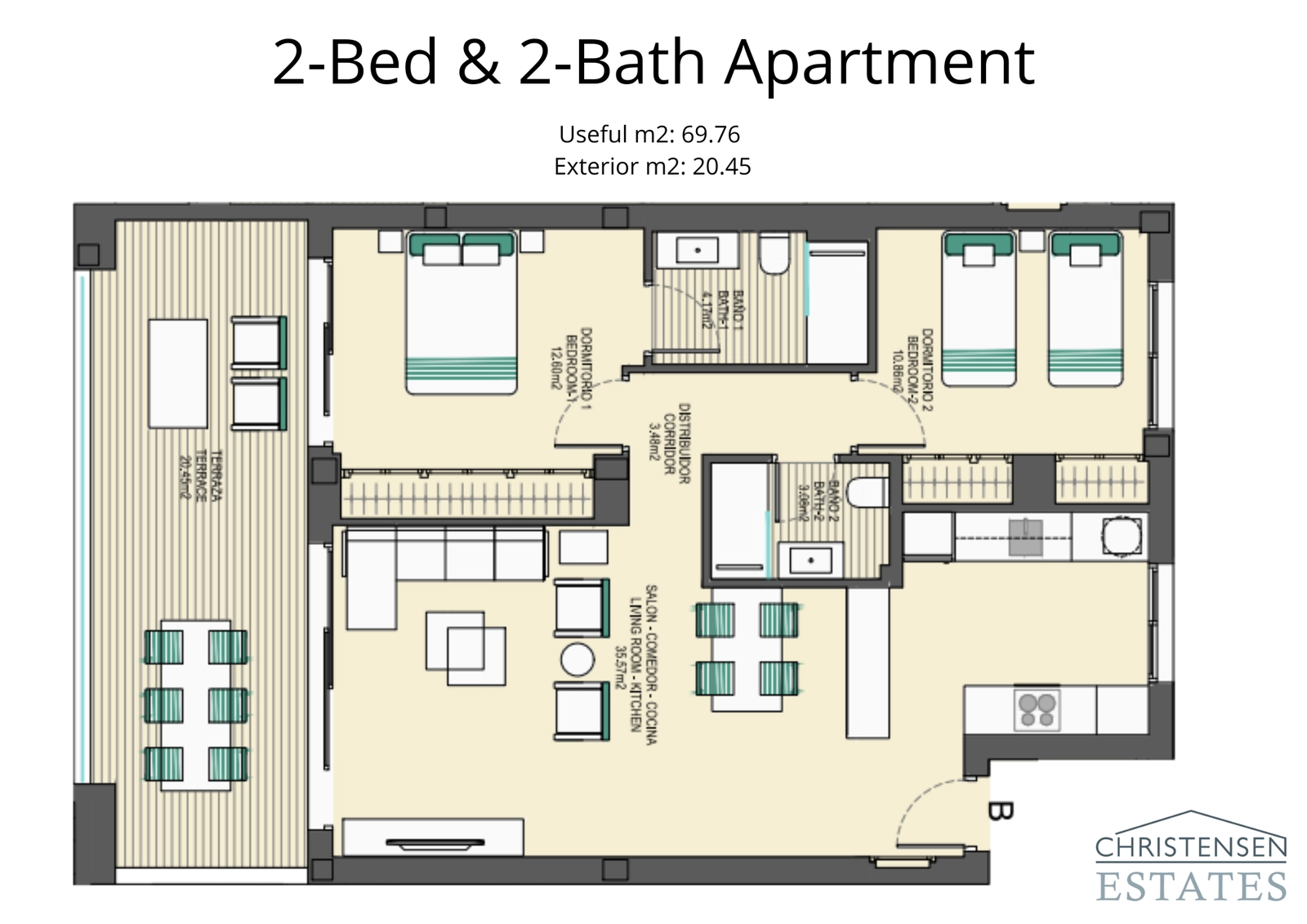 This two-bedroom layout offers a functional design with a spacious terrace, perfect for couples or small families seeking comfort and style.
