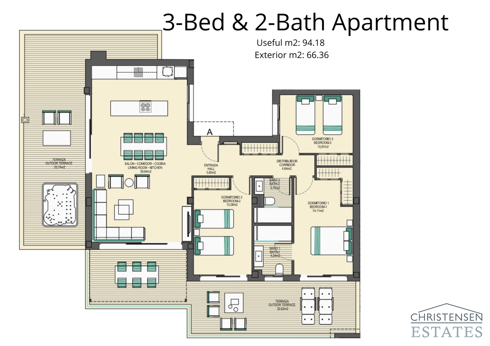 A generously proportioned three-bedroom home featuring an expansive wrap-around terrace, ideal for seamless indoor-outdoor living and entertaining.