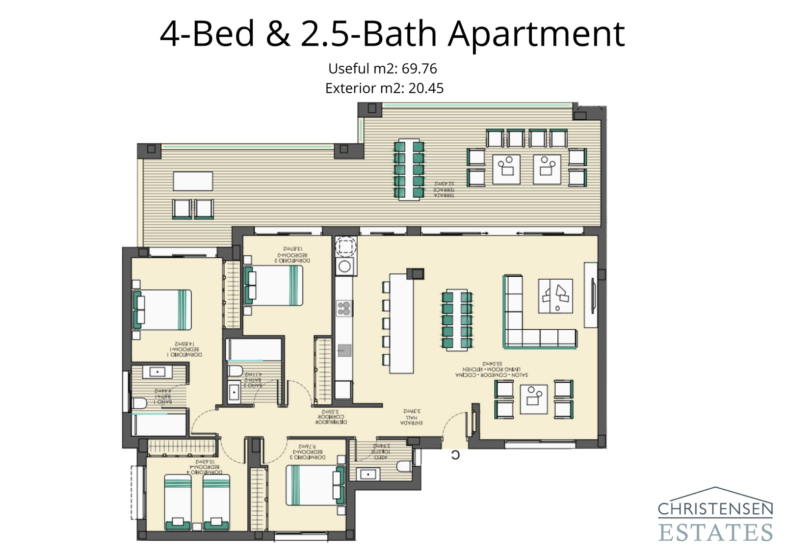 An expansive four-bedroom apartment floor plan, designed for larger families, with ample living space and a large terrace to enjoy the views.