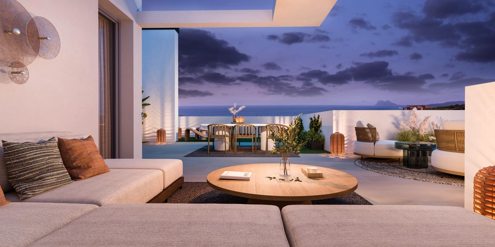 Your private terrace, a perfect setting for unforgettable evenings with views of the sea, Gibraltar, and Africa.
