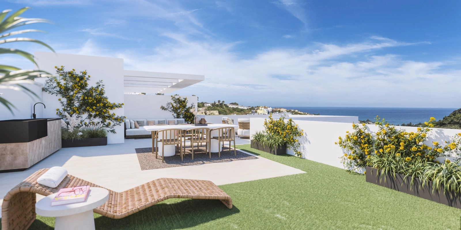 Spacious rooftop terraces are designed for enjoying the sun and the magnificent Costa del Sol sea views.