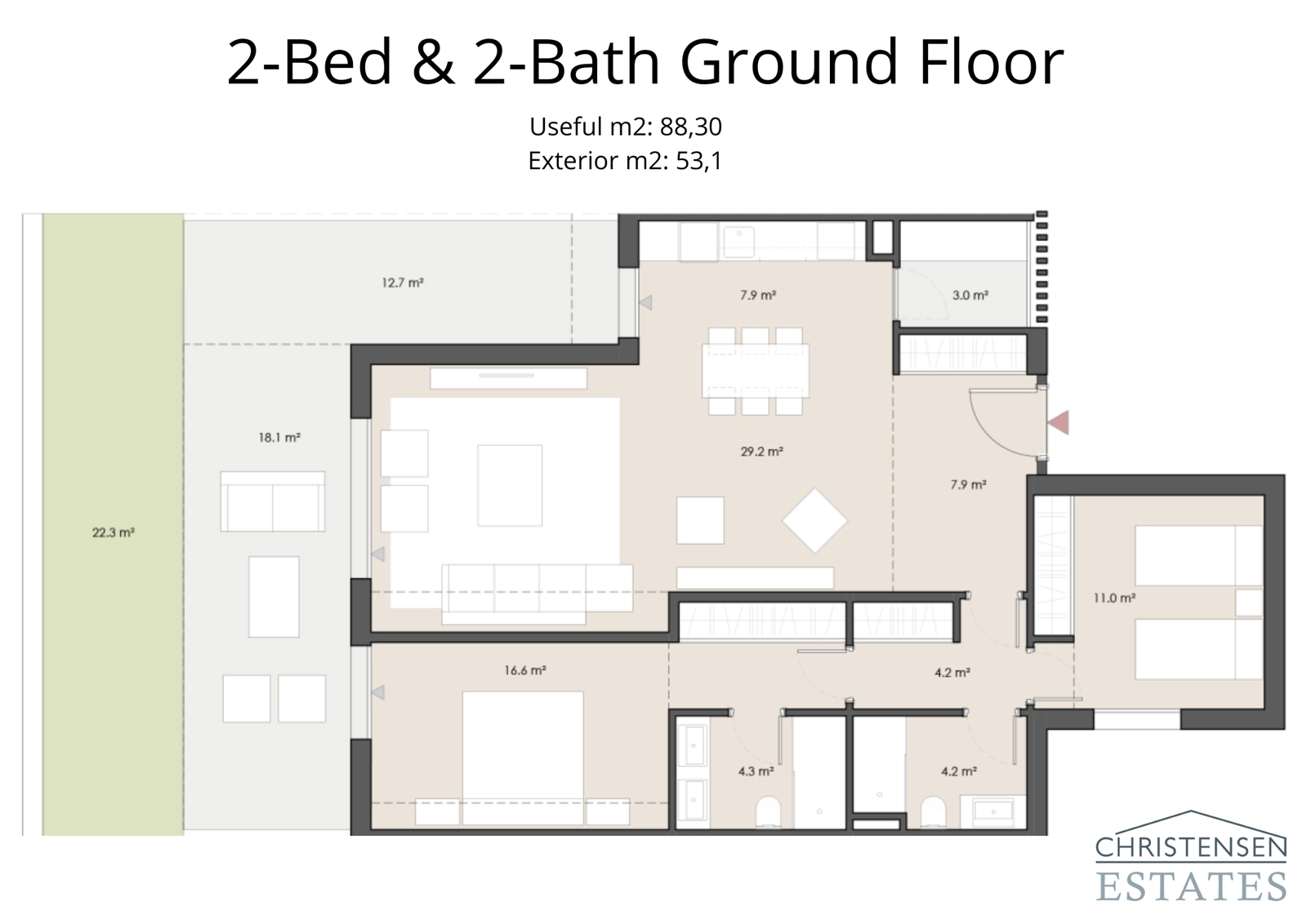 This two-bedroom ground floor layout features a spacious private garden, creating a seamless indoor-outdoor living experience.