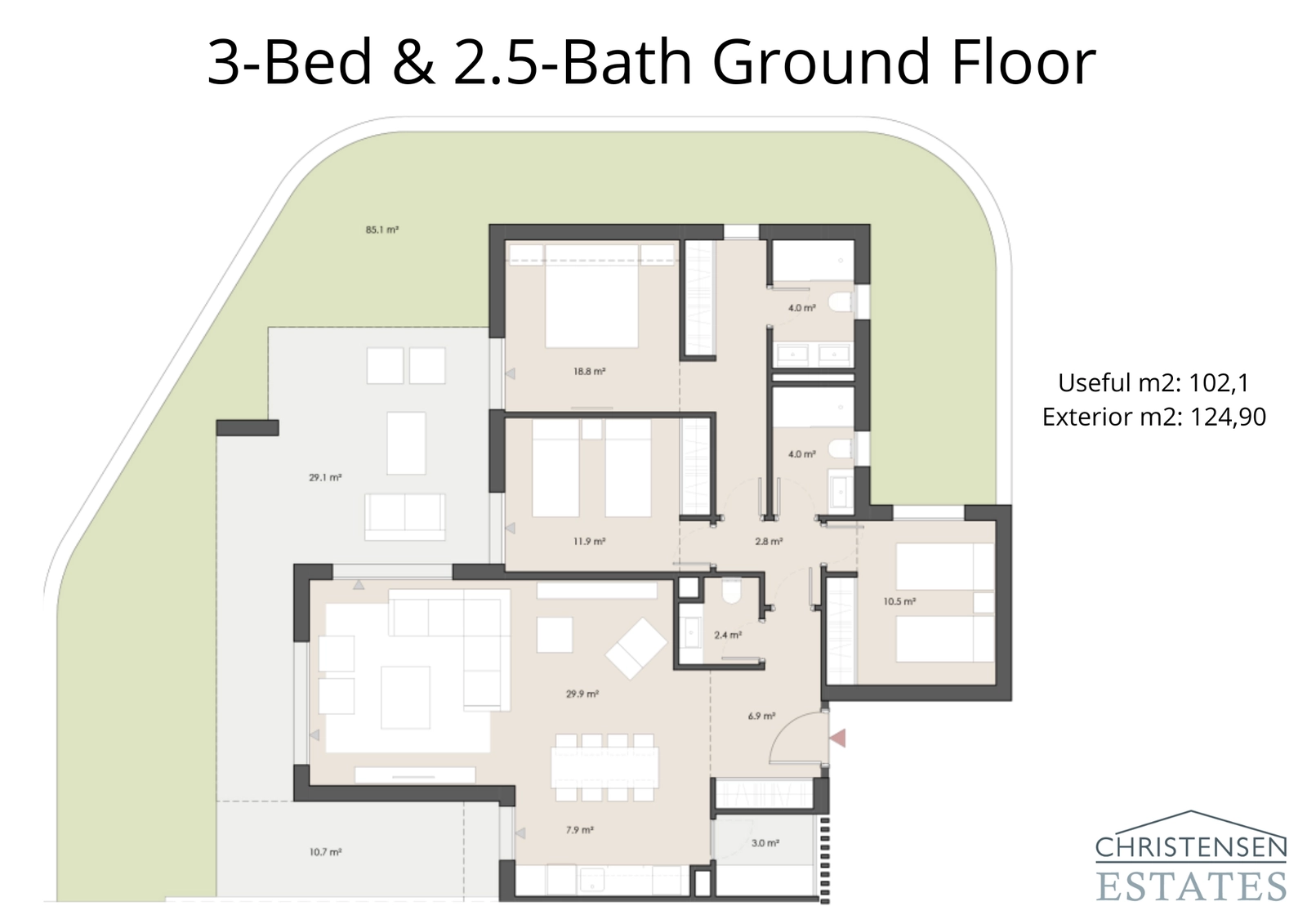 A three-bedroom ground floor home offering expansive living areas connected to a large terrace and private garden.