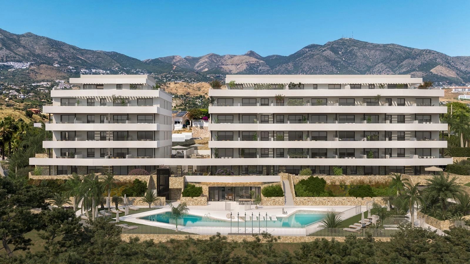 The elegant modern facade of the residence, set against the dramatic backdrop of the Andalusian mountains.