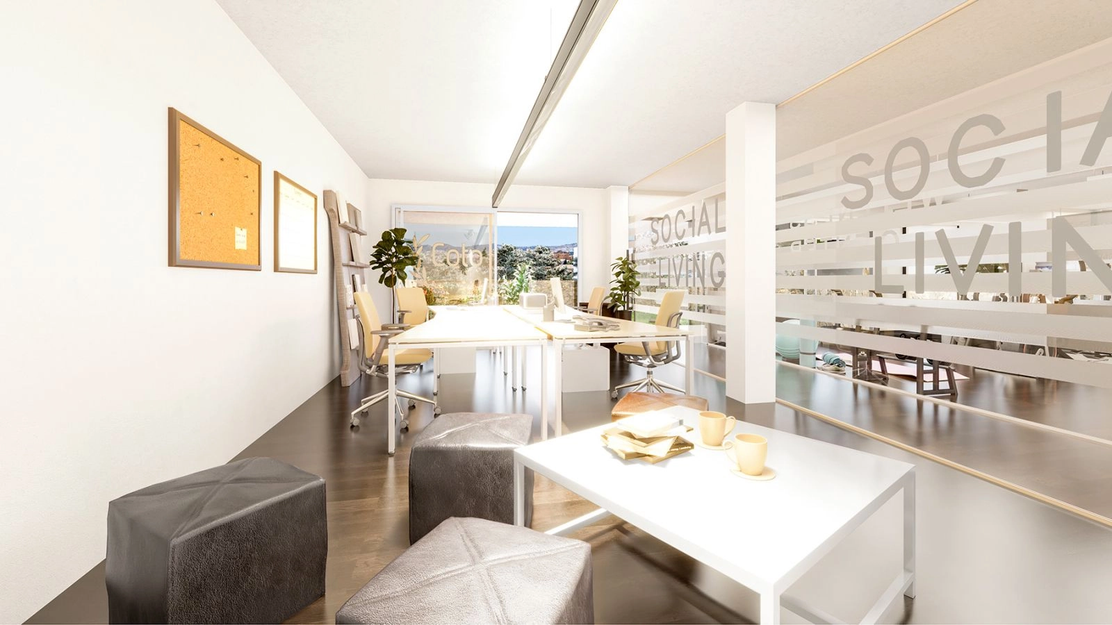 The 'Social Living' space, a modern and bright area for residents to work, meet, or relax.