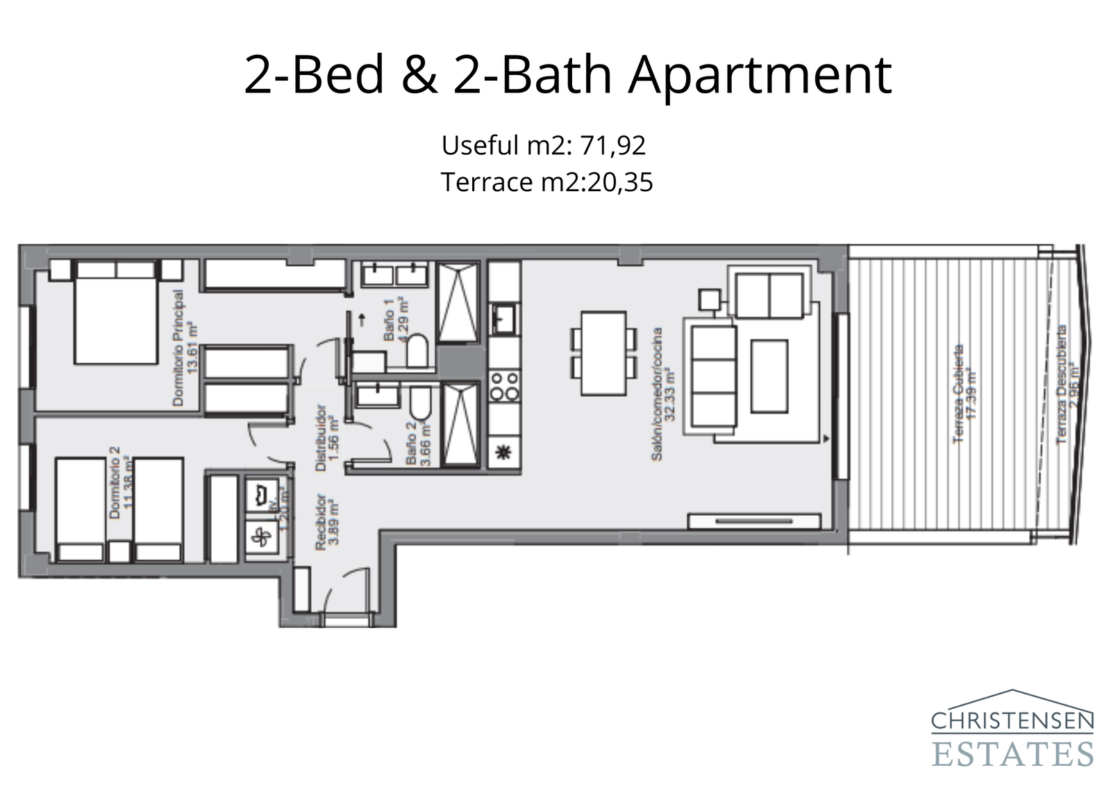 Floor plan for a two-bedroom apartment, featuring an open-plan living area and a generous terrace for indoor-outdoor living.