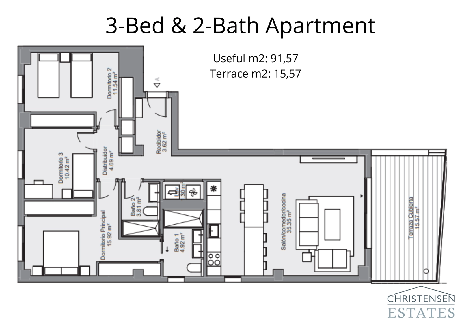 This three-bedroom layout provides ample space, including a large main suite and a combined kitchen and living room that opens onto the terrace.