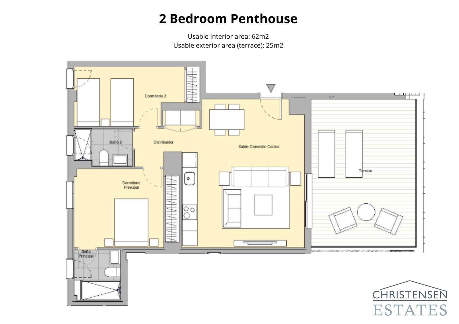 Two-bedroom penthouse – An efficient floor plan that maximizes space and light, opening onto a beautiful terrace.