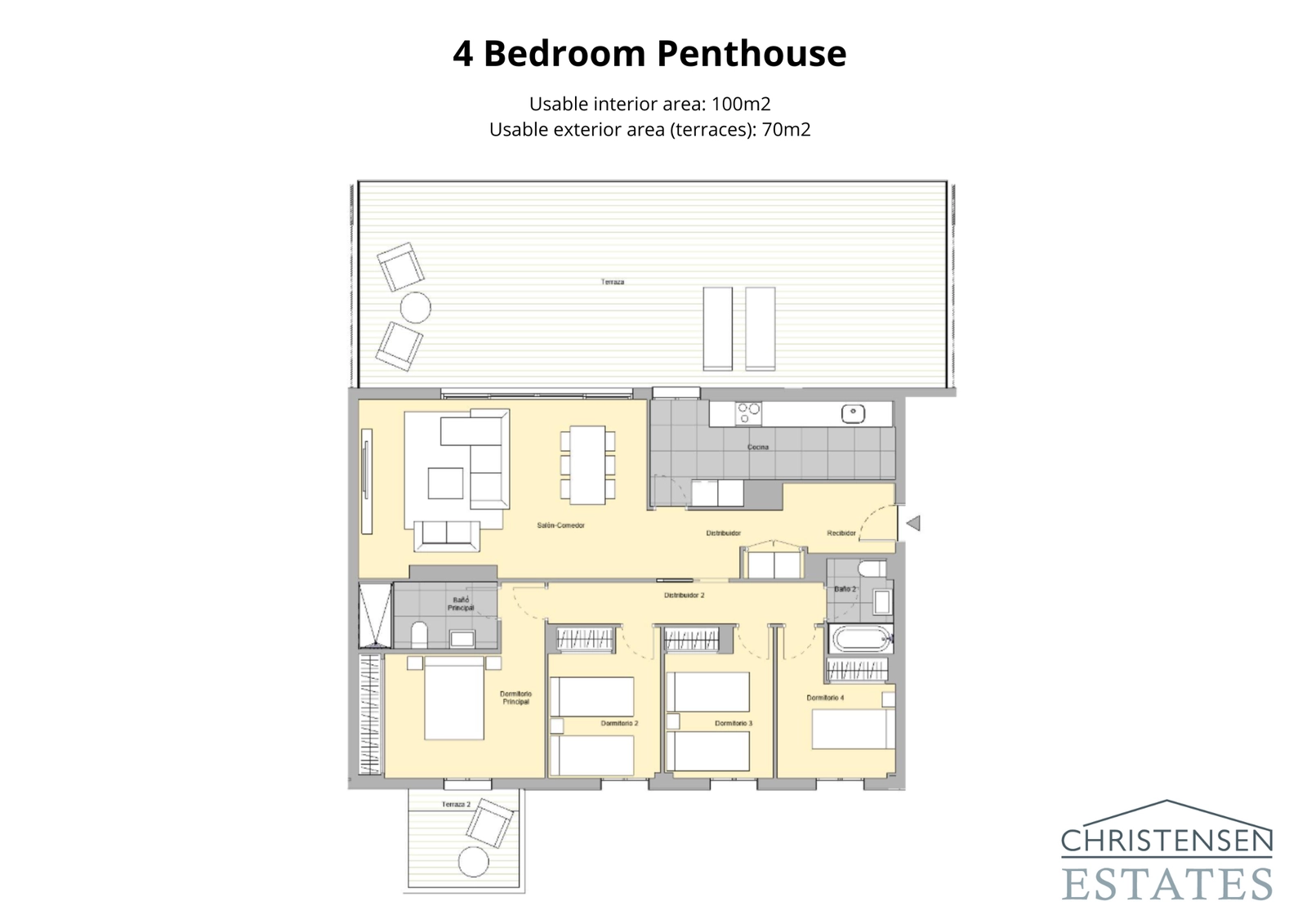 Four-bedroom penthouse – Expansive layout offering ample space for a large family, with multiple terraces for exceptional outdoor living.