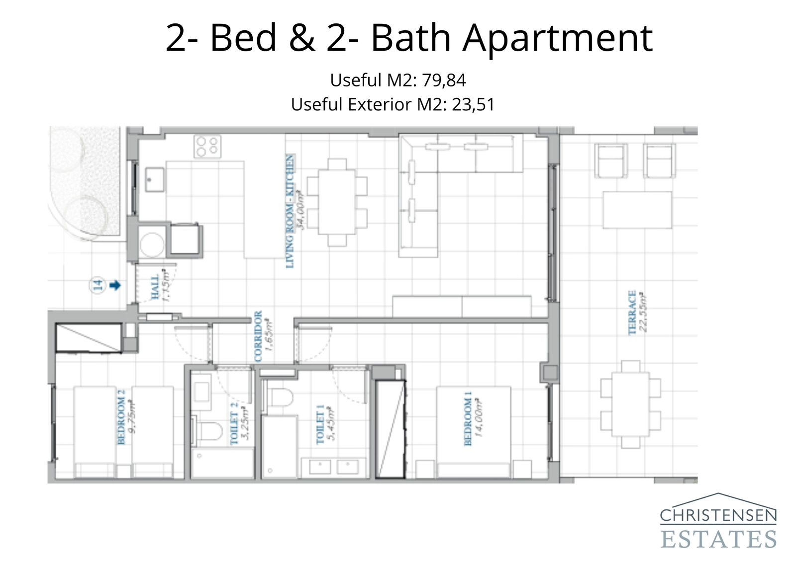 This two-bedroom apartment layout offers a functional open-plan living area that connects directly to a generous terrace.