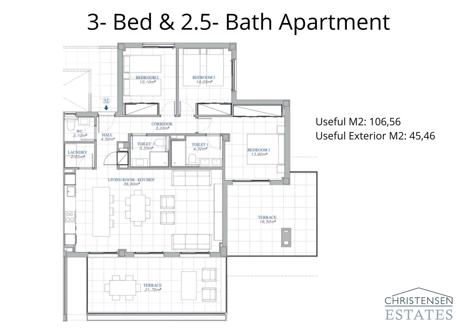The three-bedroom floor plan provides ample space for families, with smart separation between living and sleeping areas for privacy.