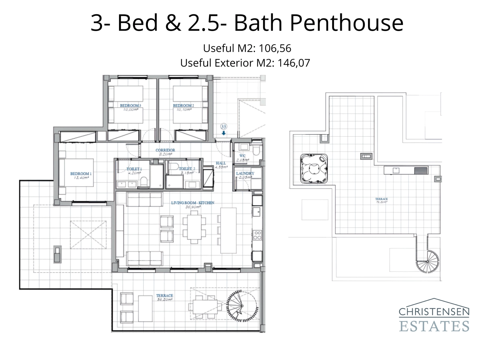 This spacious three-bedroom penthouse layout maximizes comfort and includes a vast private rooftop terrace for unparalleled outdoor living.