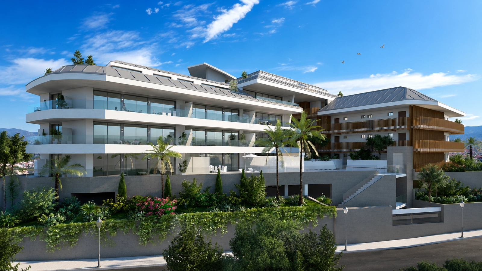 The development's modern architecture is thoughtfully designed to integrate with the natural hillside surroundings.