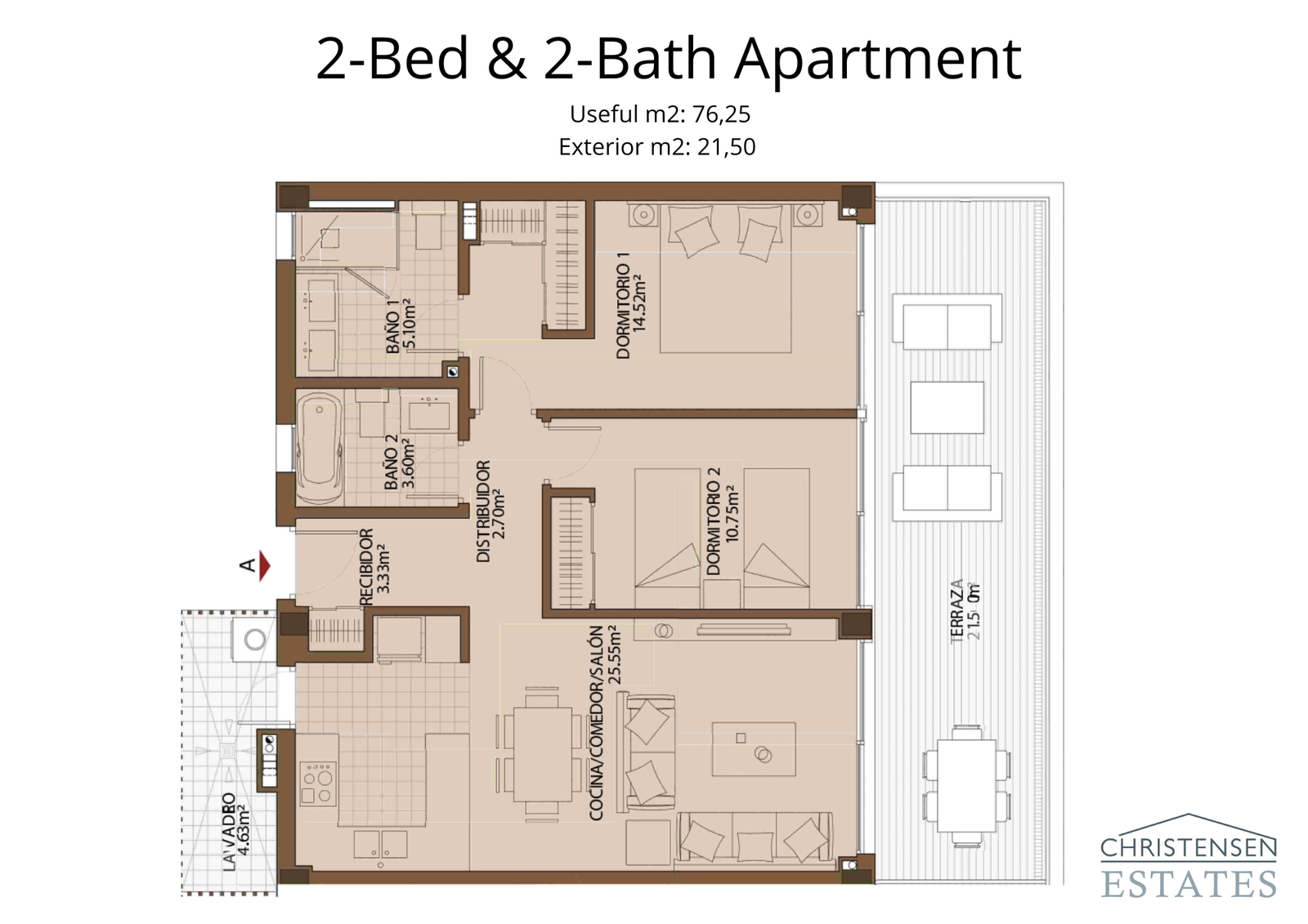 This two-bedroom floor plan features a smart layout with an open living area flowing onto a large terrace, perfect for enjoying the views.