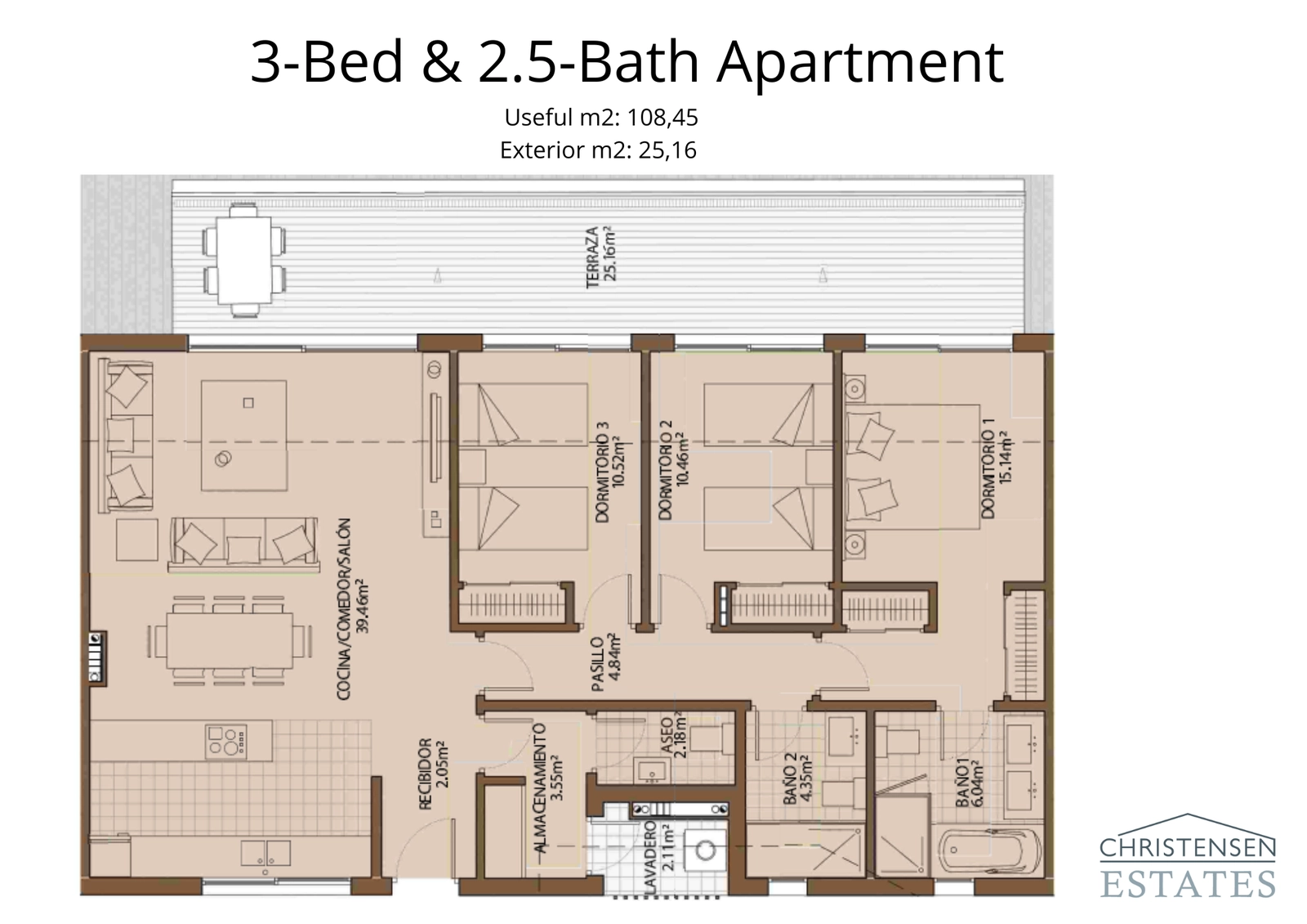 A well-designed three-bedroom apartment layout, offering spacious rooms and a practical flow for family living.