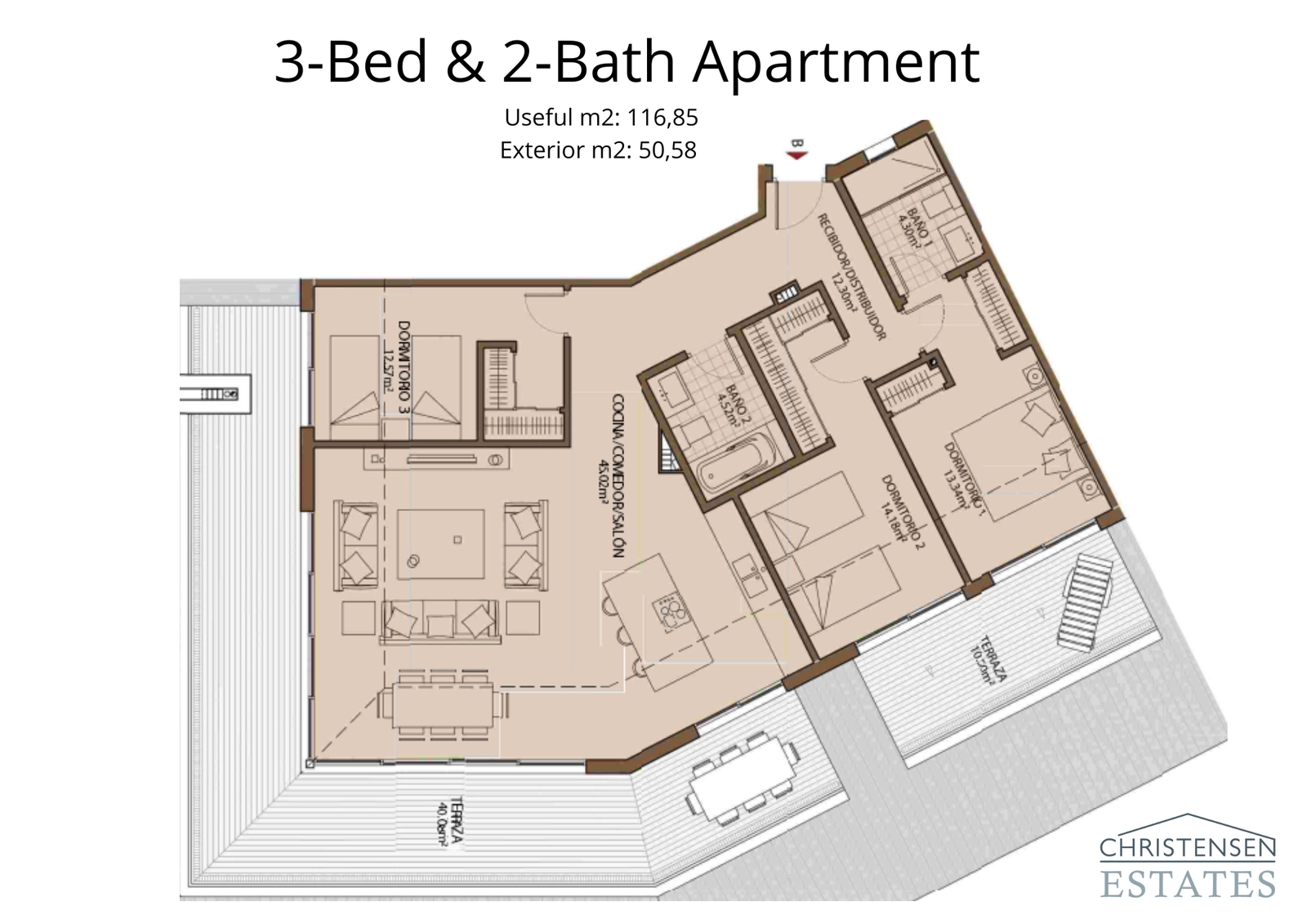 This spacious three-bedroom residence features an expansive wrap-around terrace, seamlessly blending indoor and outdoor living.