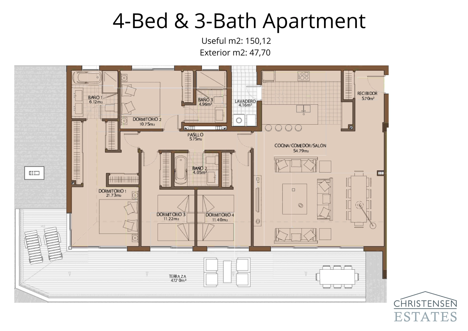 The four-bedroom layout provides ample space for a large family, with a generous main living area and private terrace access.