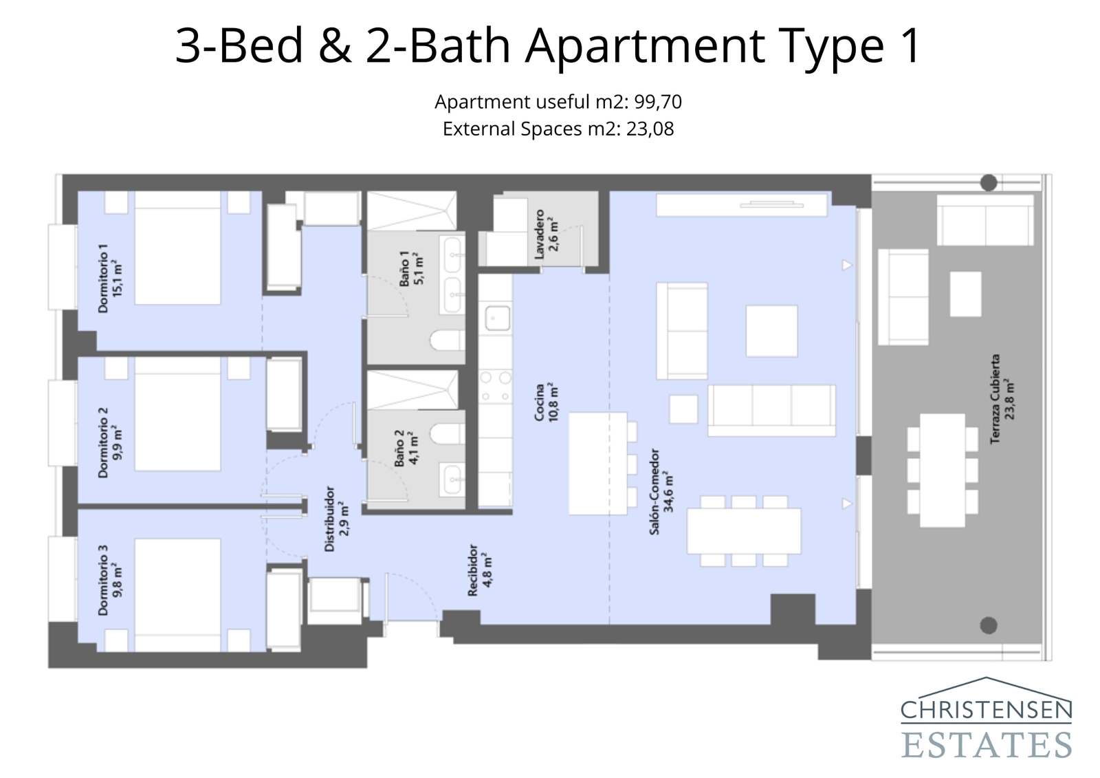 Floor plan for a three-bedroom, two-bathroom apartment, showcasing a practical layout with a generous covered terrace.