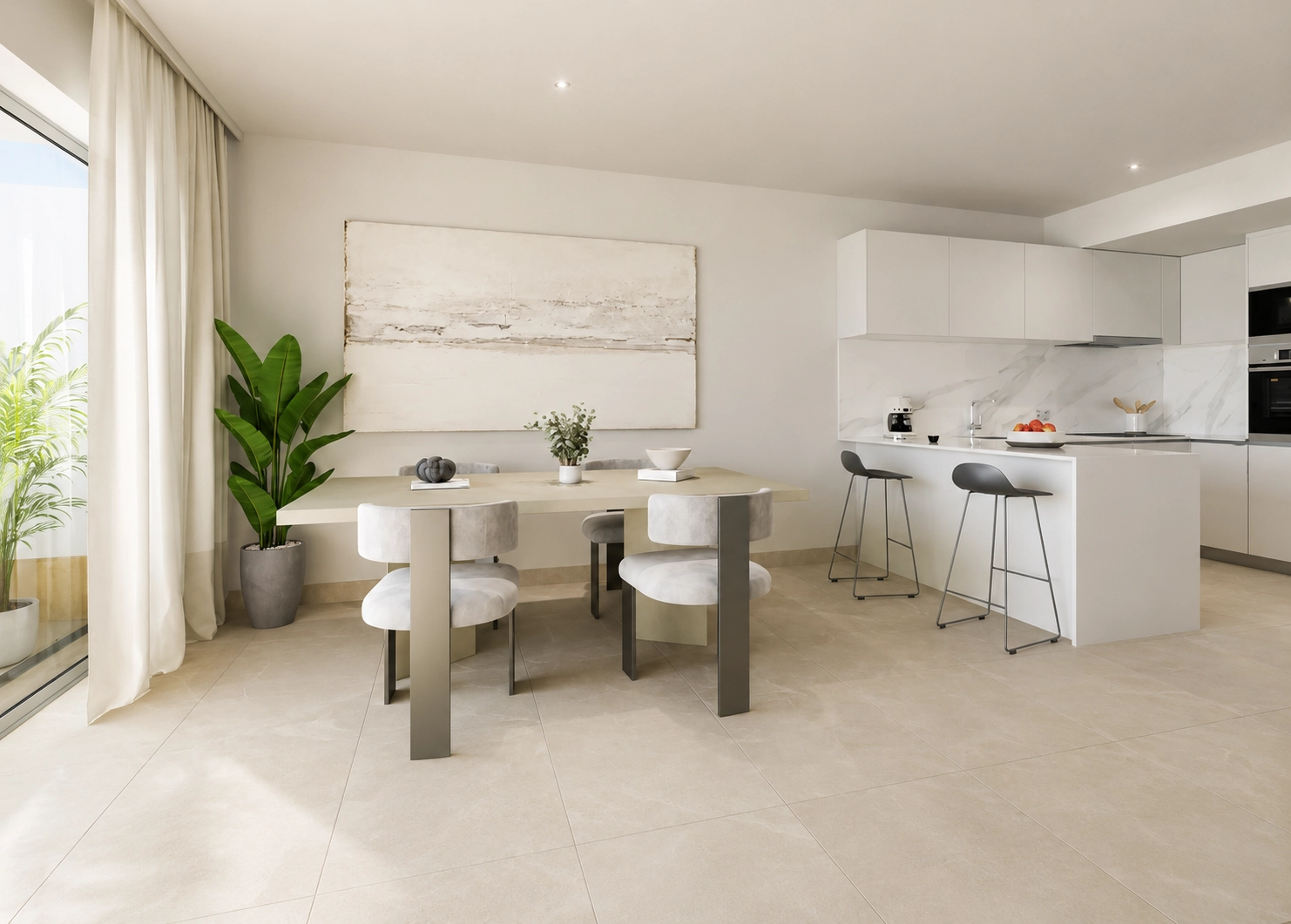 The open-plan living and dining area is flooded with natural light, creating a bright and welcoming atmosphere.
