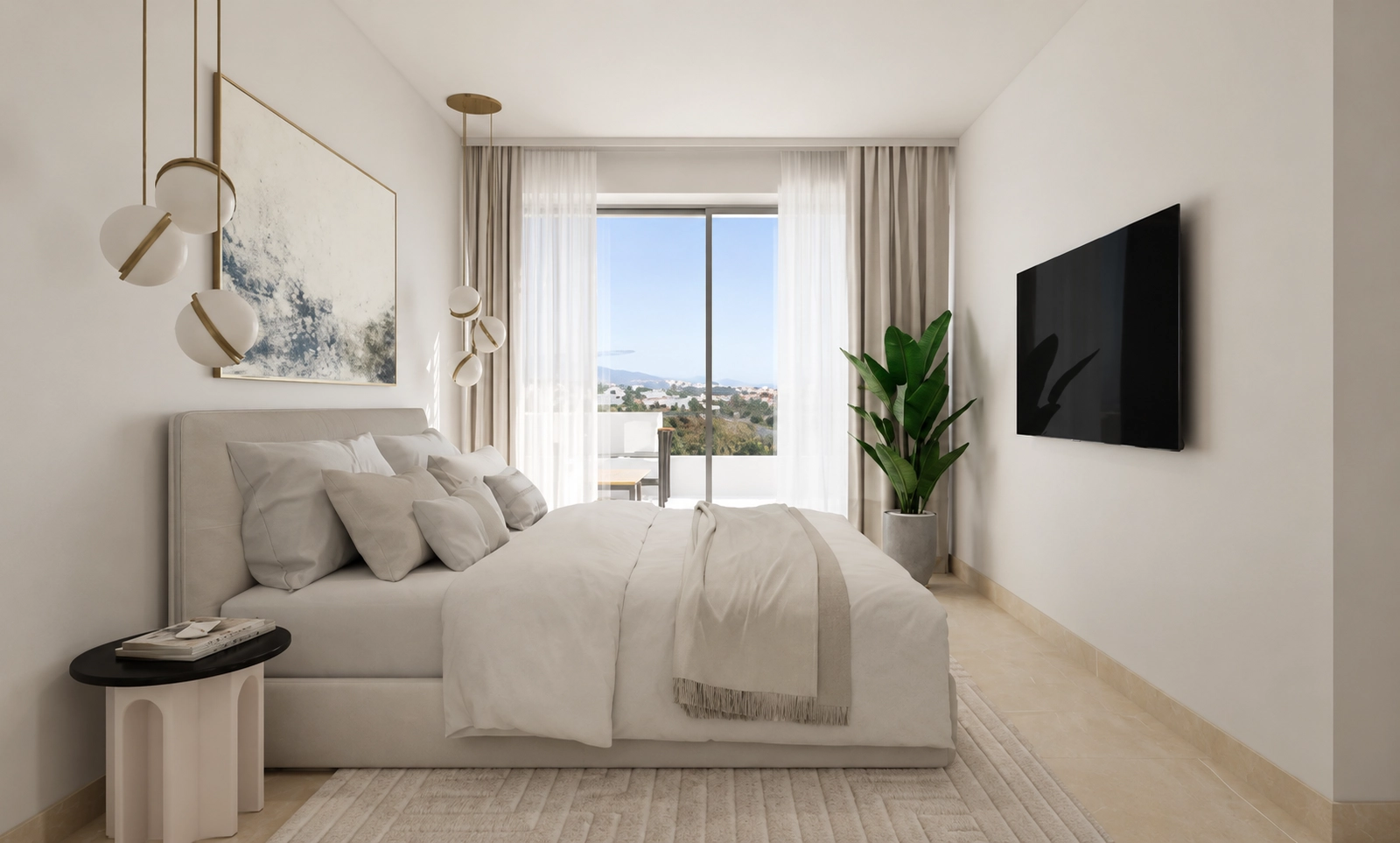 A serene and spacious master bedroom with direct access to a private terrace, offering a personal space for rest and relaxation.