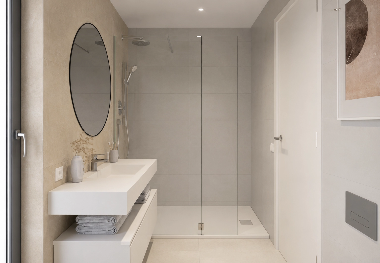Elegantly designed bathroom featuring premium materials, a walk-in shower, and contemporary fixtures.