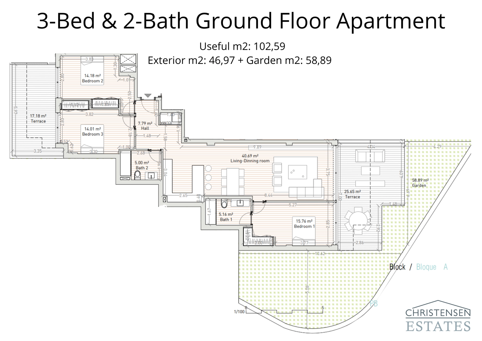 A spacious three-bedroom ground floor layout with an integrated living area, large terrace, and private garden, offering an exceptional indoor-outdoor lifestyle.
