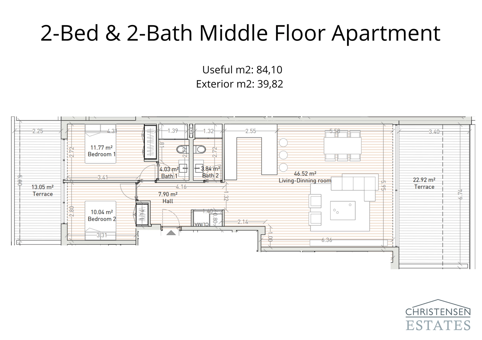 The floor plan for this two-bedroom middle floor apartment highlights its efficient use of space, ample natural light, and two separate terraces for enjoying the views.