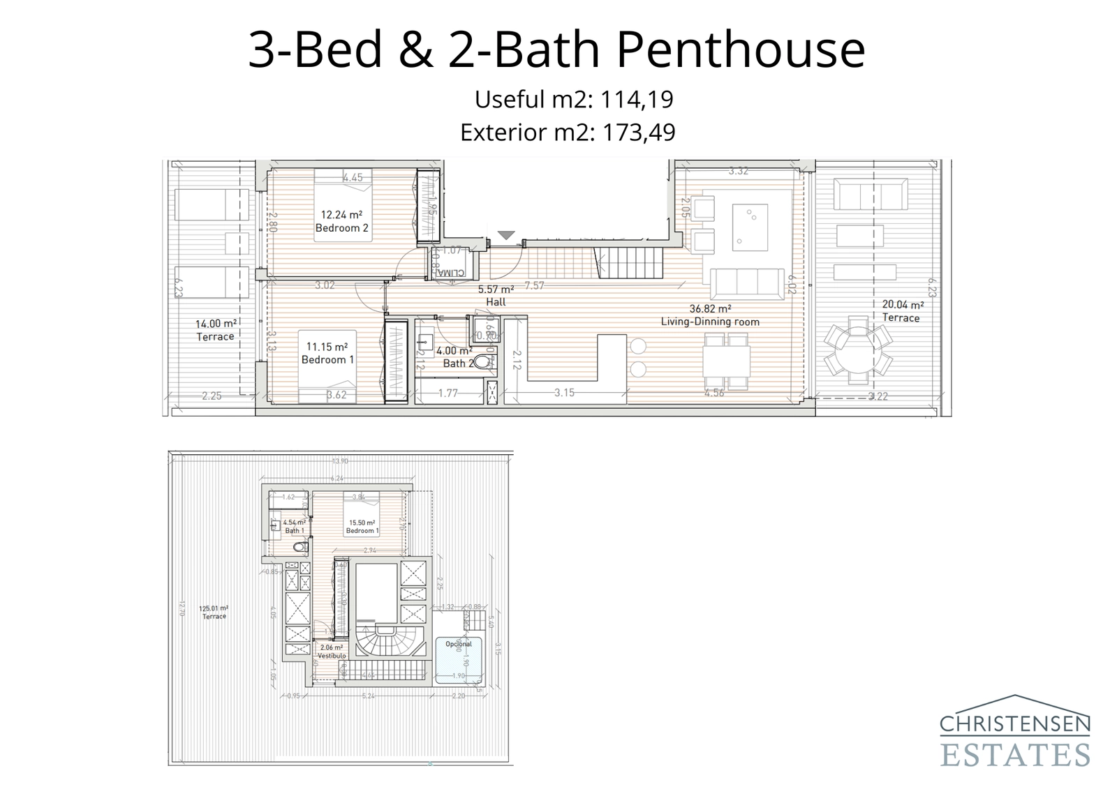 This duplex penthouse layout showcases three bedrooms and expansive terraces on both levels, including a magnificent solarium for the ultimate rooftop living experience.