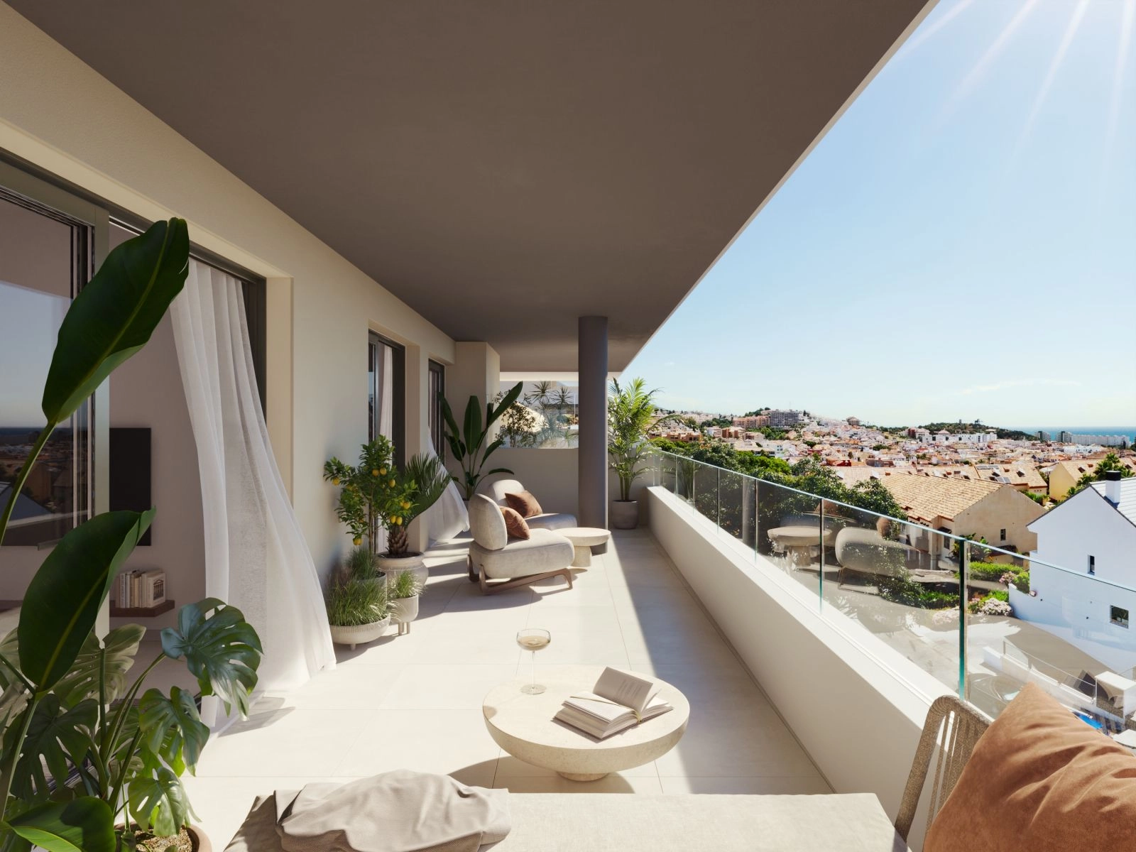 Spacious private terraces offer stunning views of Fuengirola and the Mediterranean Sea.