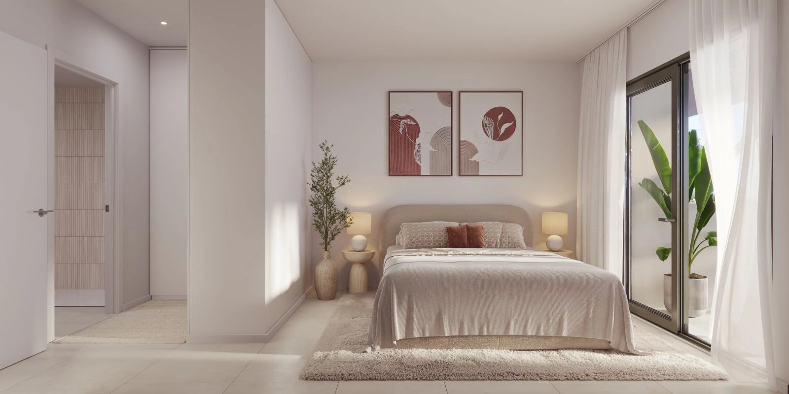 The master bedroom is a peaceful retreat, filled with natural light and offering direct terrace access.