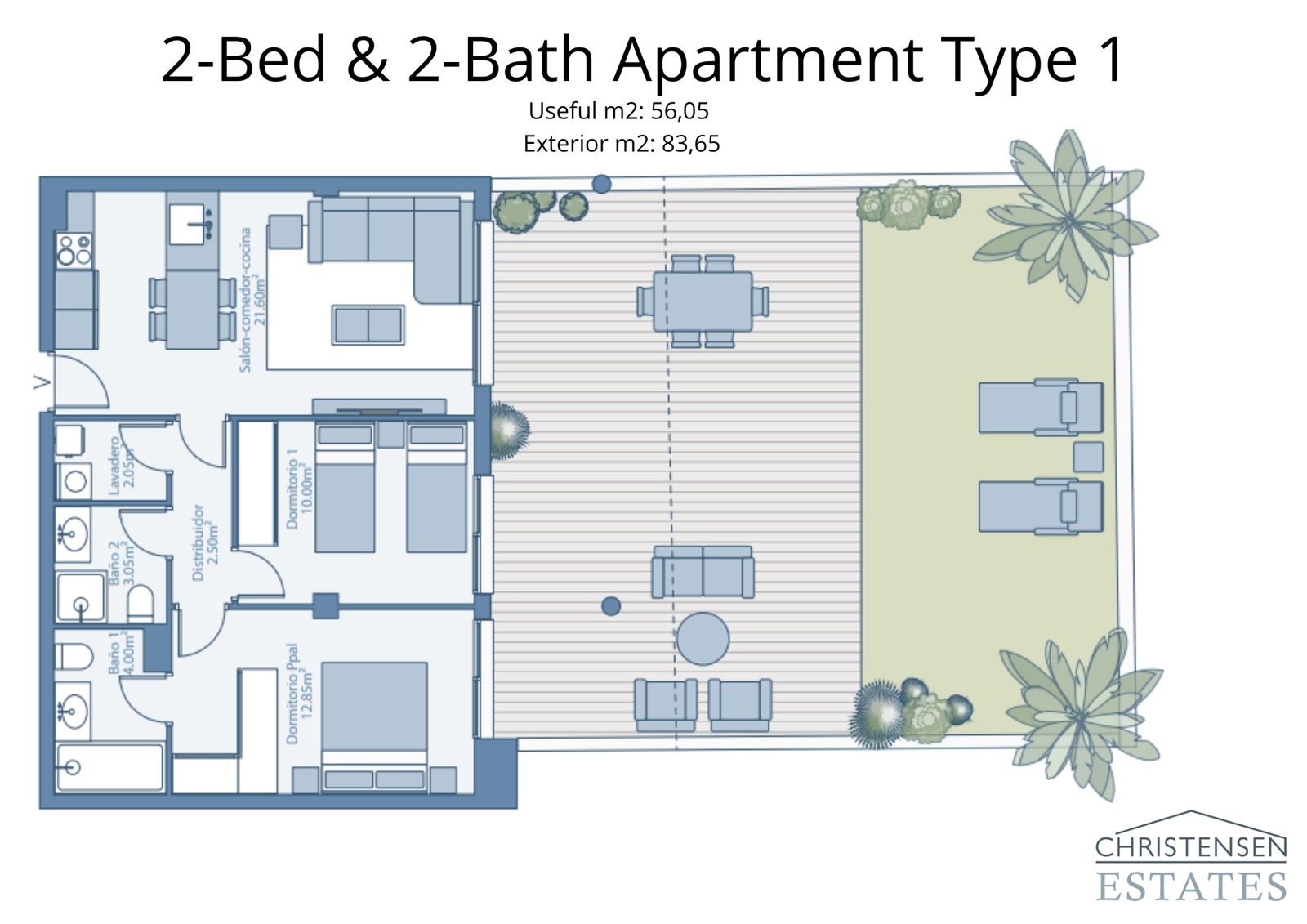 Floor plan for a two-bedroom apartment, featuring an expansive terrace that extends the living space outdoors.