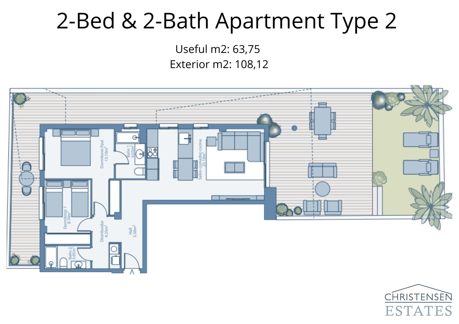 A well-designed two-bedroom layout showcasing a smart use of space and a very large terrace for outdoor living.