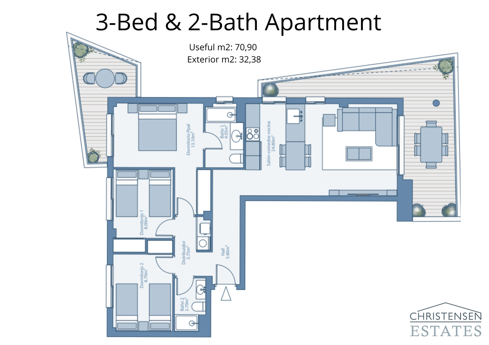 This three-bedroom apartment layout offers generous room sizes and a flowing design, perfect for family life.